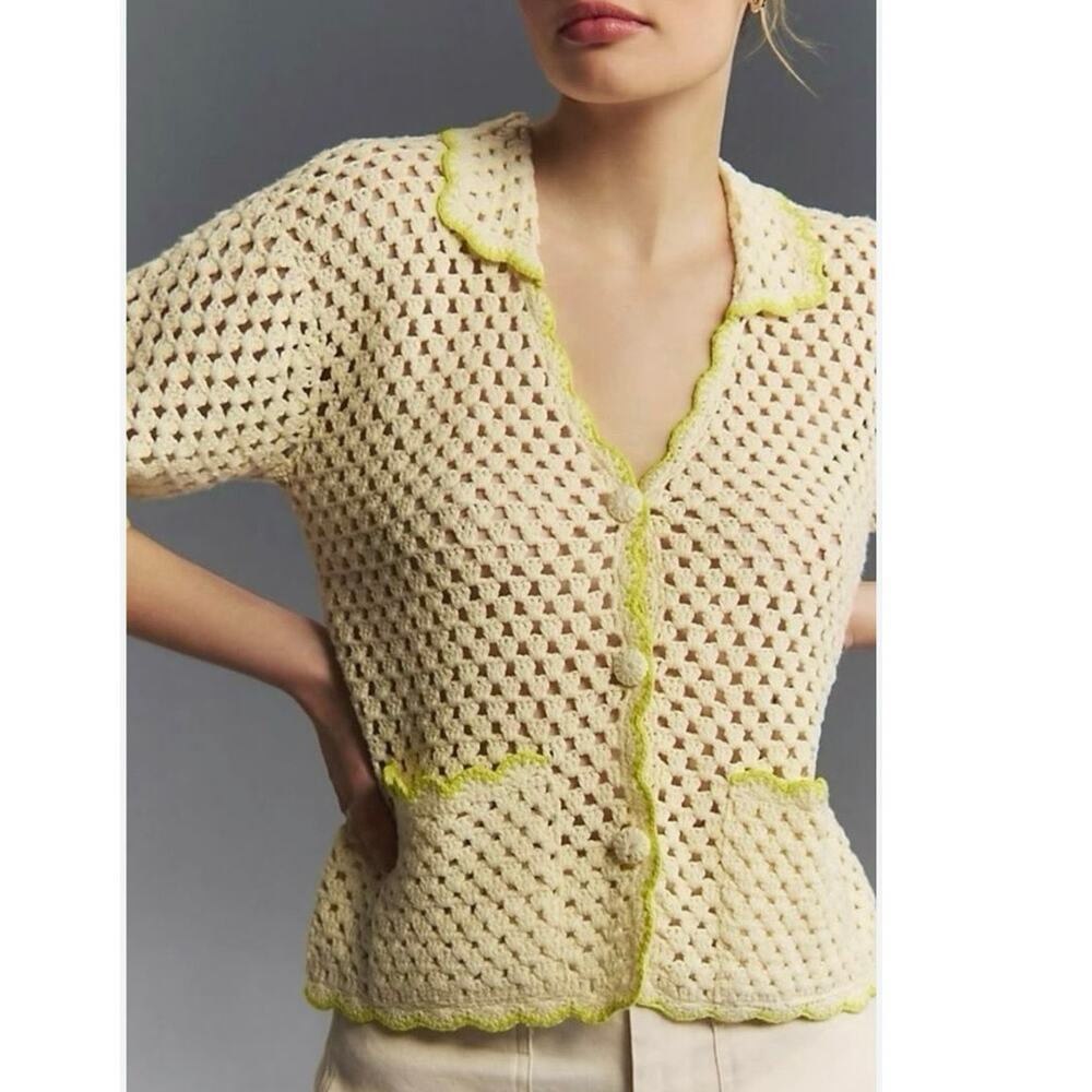 ANTHROPOLOGIE GREYLIN Crotchet Scalloped Polo Cardigan Sweater Neon Green XS